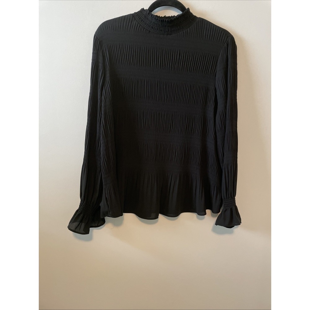 Adrianna Papell Medium Black Pleated Mock Neck Blouse Ruffle Sleeve Top